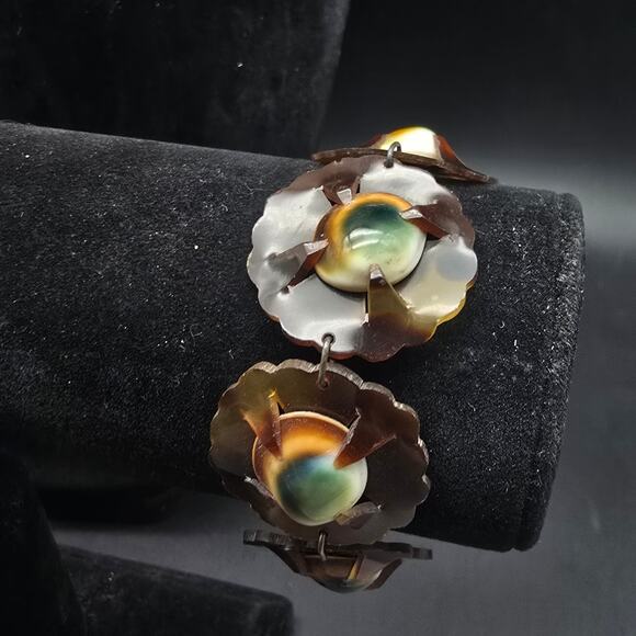 Vintage Operculum Cat Eye Shell Jewelry Set Necklace Bracelet Brown Green - Picture 8 of 12